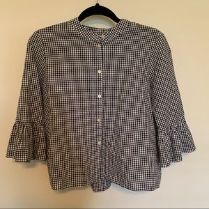 Madewell Black White Gingham Blouse Button Up Work Blouse Bell Sleeve